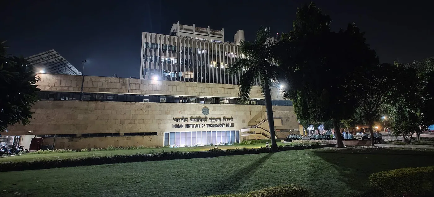 The main building at IIT Delhi lit up at night